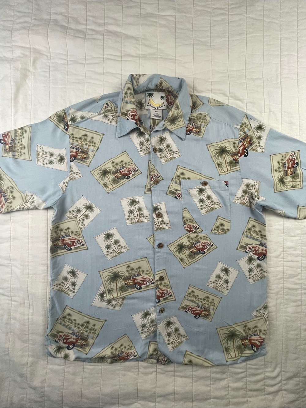 Banana Cabana Silk Tropical Aloha  Print Button-Down Shirt Large